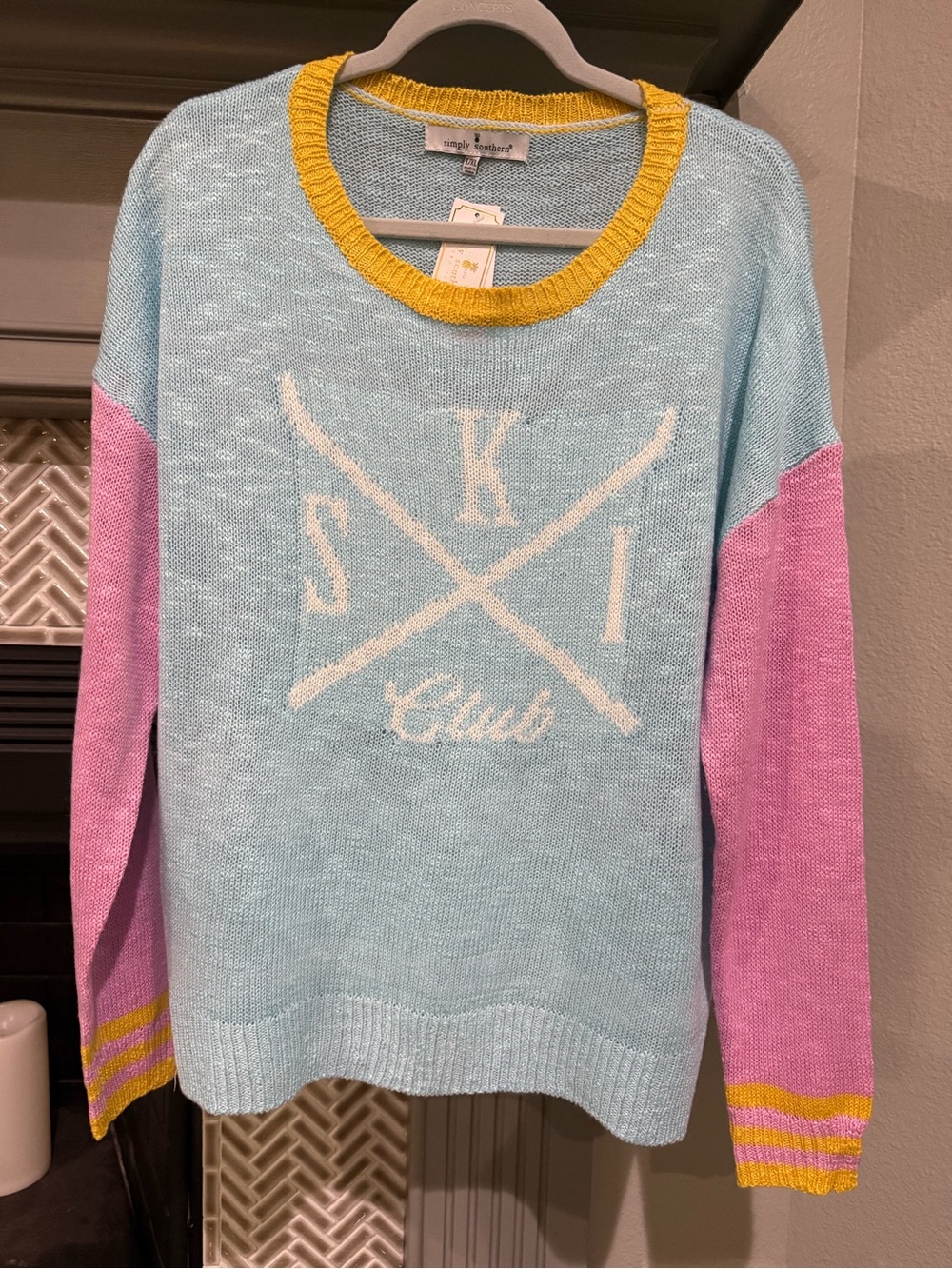 Simply Southern Light Blue Crewneck Sweater with Pink Sleeves & Yellow Trim